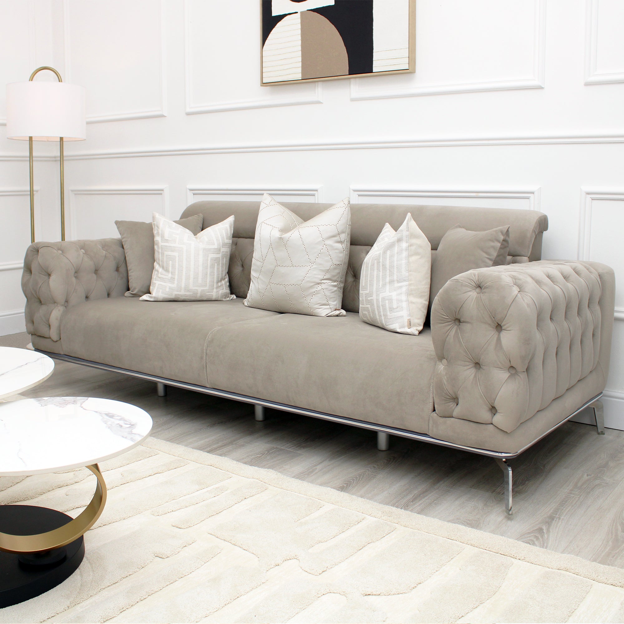 Yasmin Buttoned Light Grey Velvet 2 Seater Sofa With Silver Legs
