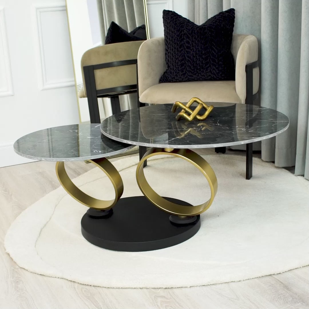 Black Ceramic Swivel Coffee Table Marble Effect With Gold Base