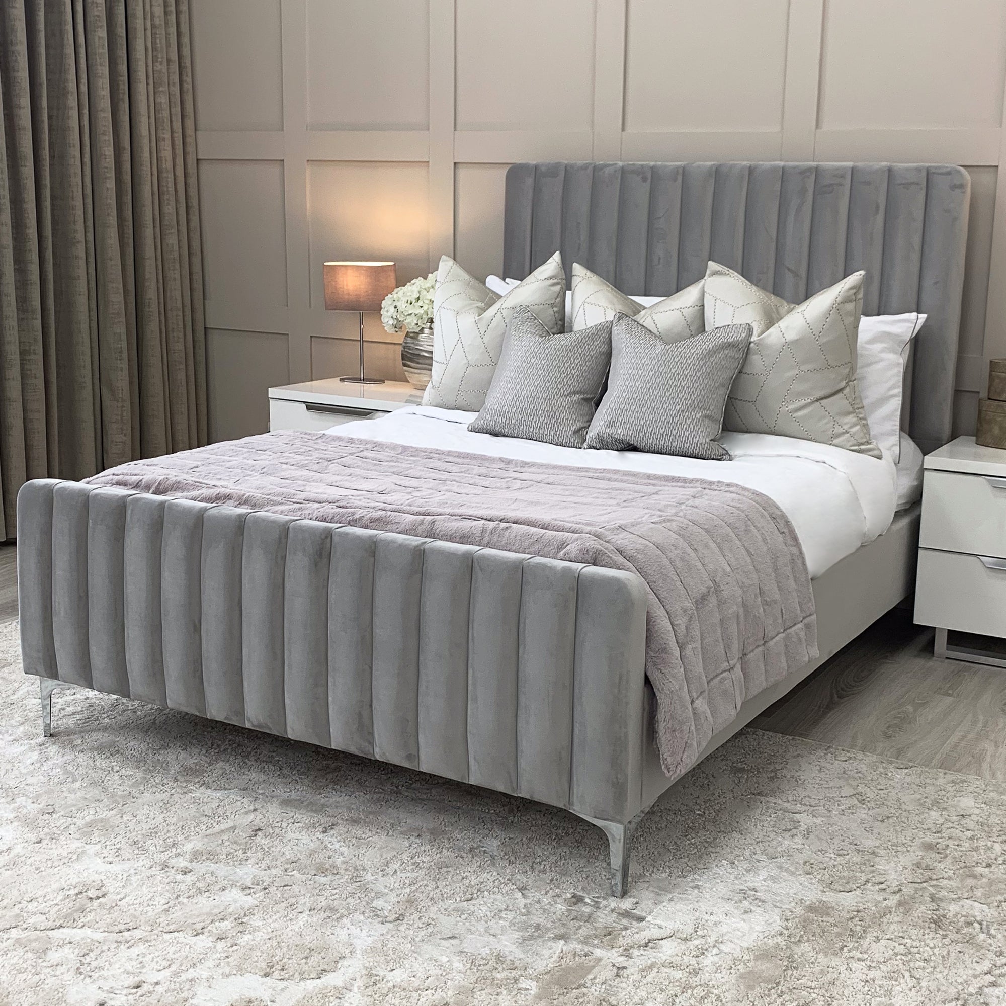 Amelia Grey Chunky Ribbed Headboard Bed