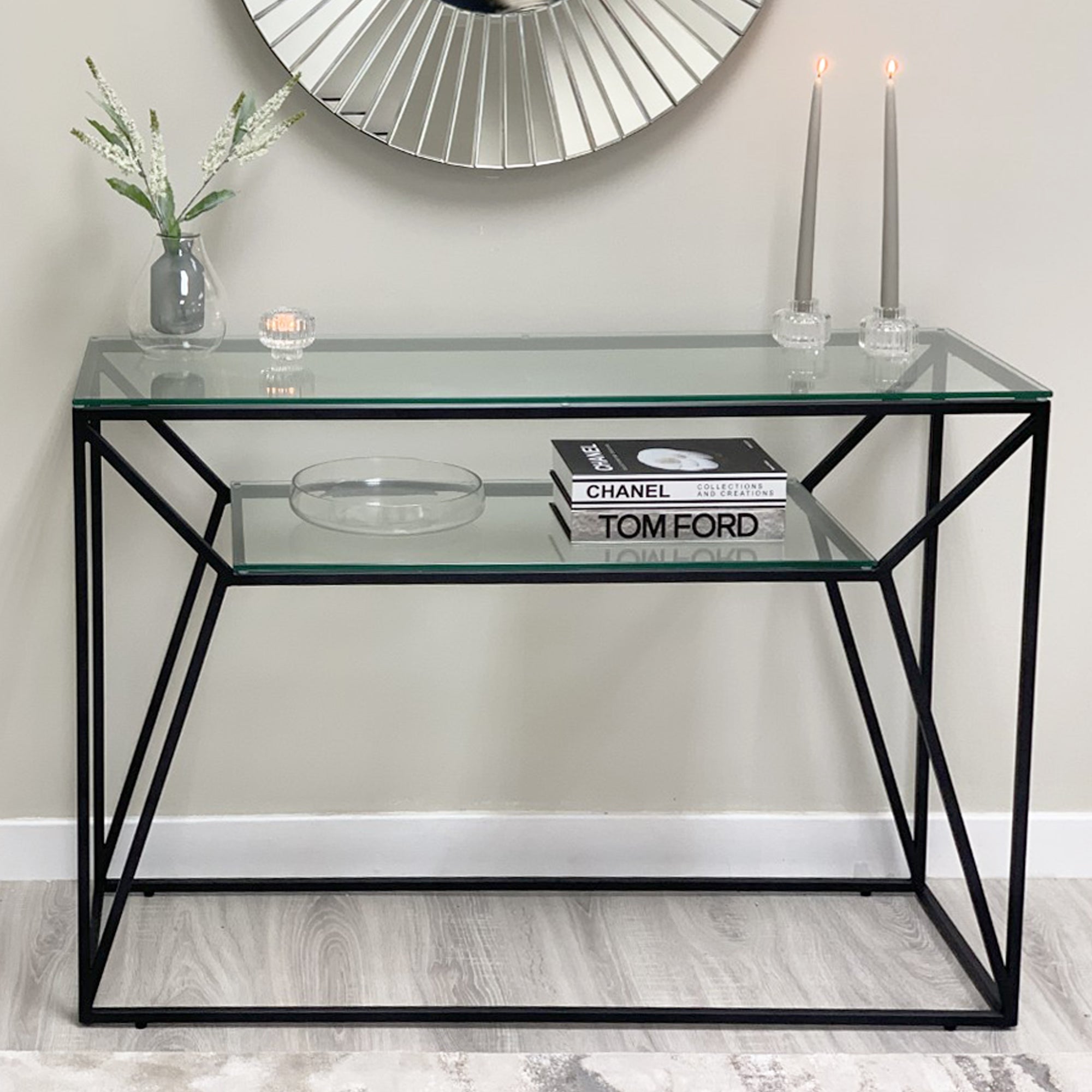 Ava Clear Glass Console Table With Matte Black Frame