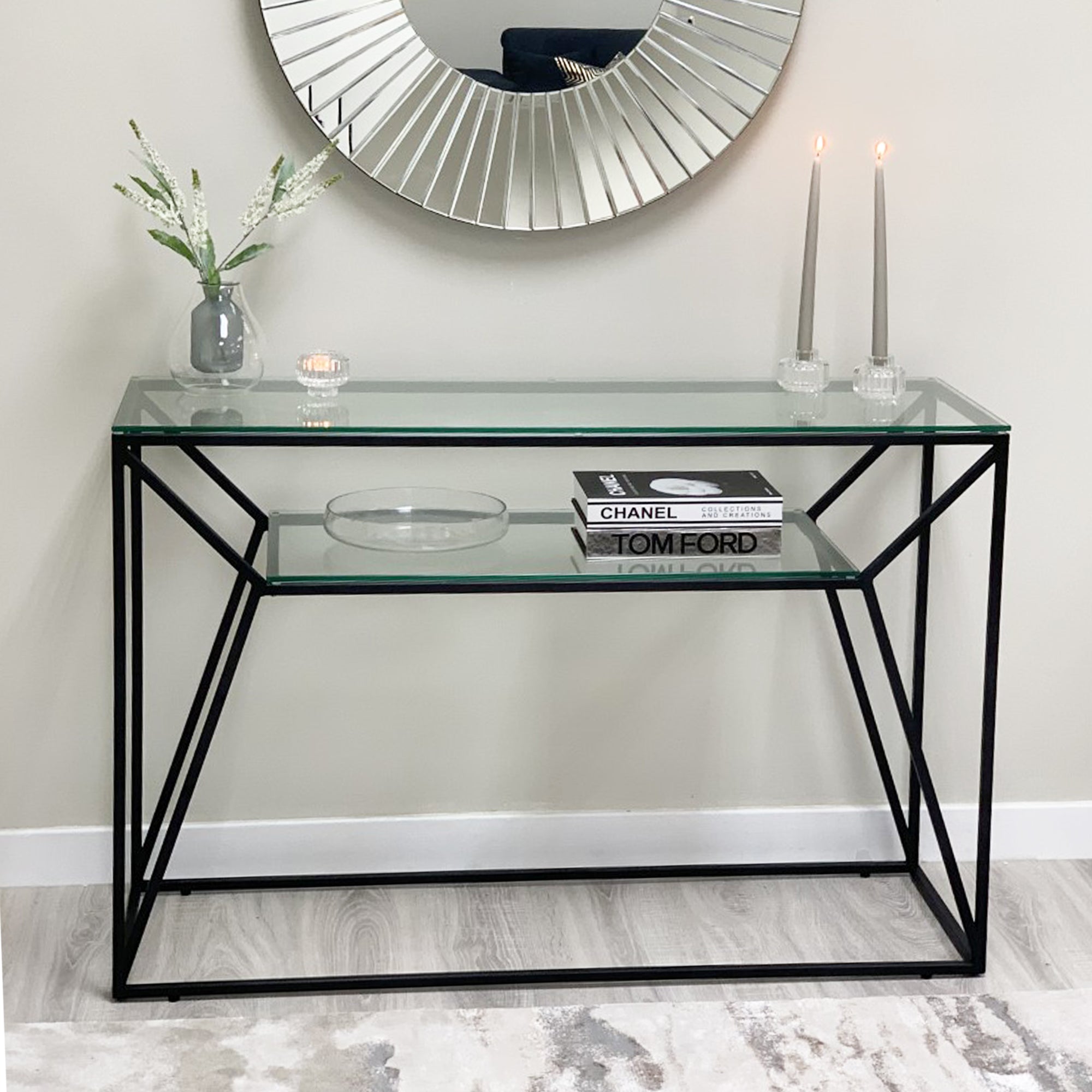 Ava Clear Glass Console Table With Matte Black Frame