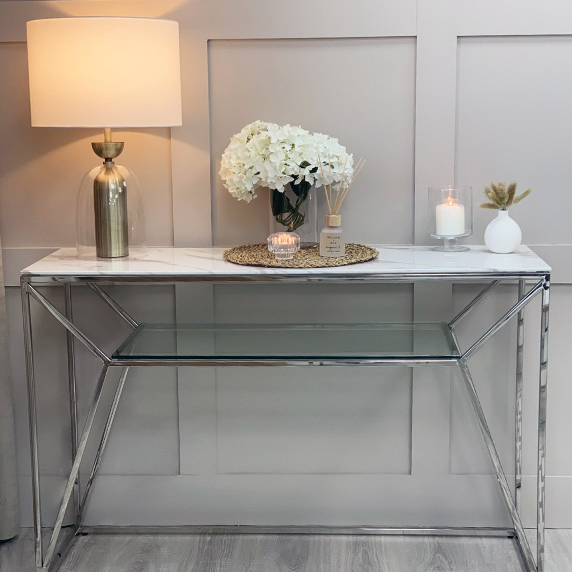 Ava Silver Chrome Console Table With White Marble Effect Top