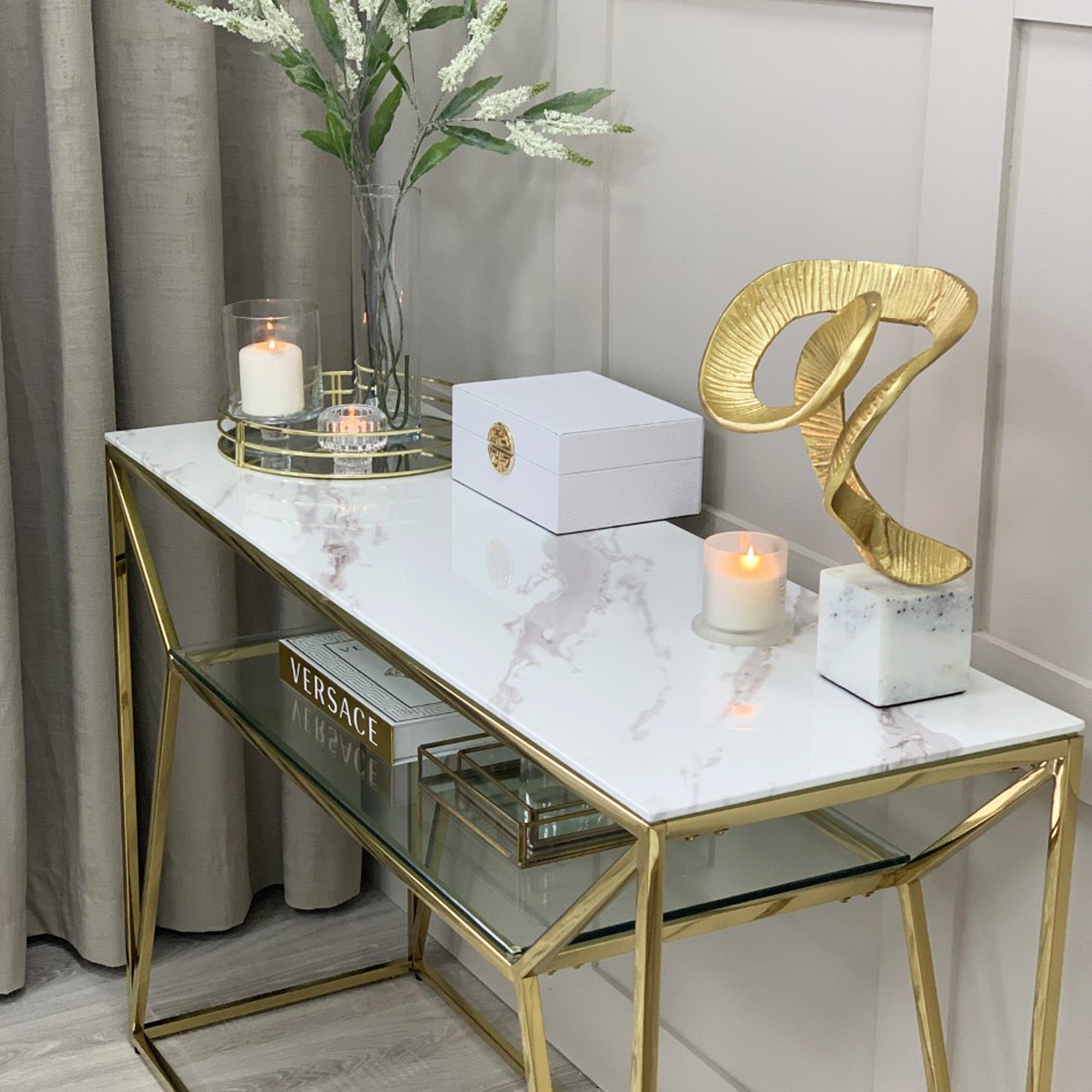 Ava White Marble Effect Console Table With Gold Legs
