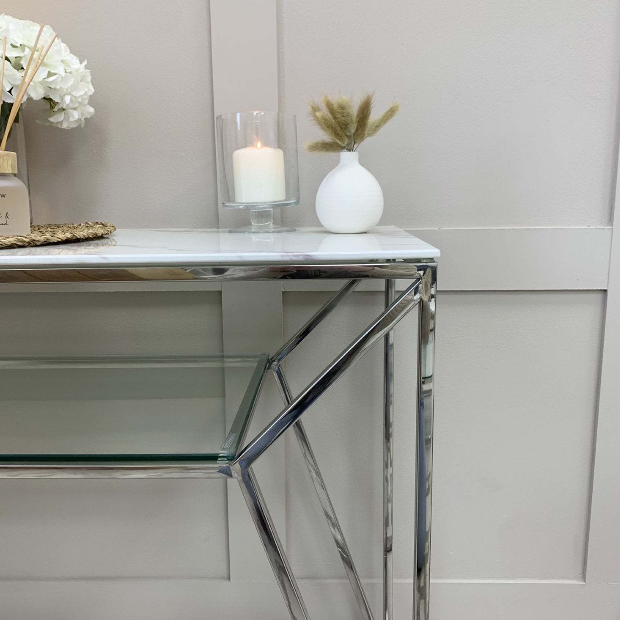 Ava Silver Chrome Console Table With White Marble Effect Top