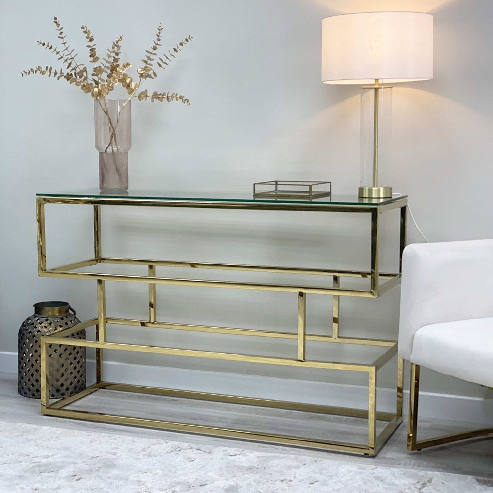 Lina Clear Glass Console Table With Gold Frame