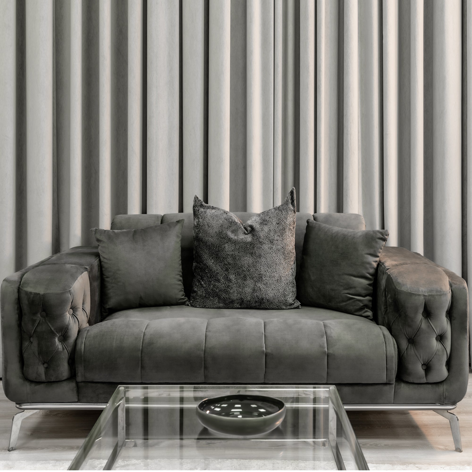 Holly Chunky Ribbed Sofa Grey Velvet 2 Seater